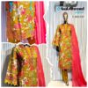 Mustard Yellow with Pink Luxury Bursh Print Premium Rayon Long Top Pant Set with Chiffon Dupatta