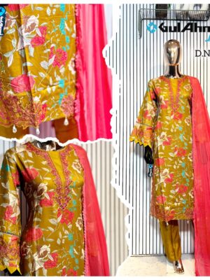 Mustard Yellow with Pink Luxury Bursh Print Premium Rayon Long Top Pant Set with Chiffon Dupatta