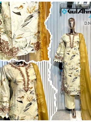 Golden Brown Luxury Bursh Print Premium Rayon Long Top Pant Set with Chiffon Dupatta