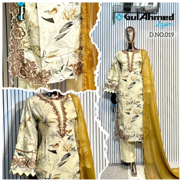 Golden Brown Luxury Bursh Print Premium Rayon Long Top Pant Set with Chiffon Dupatta