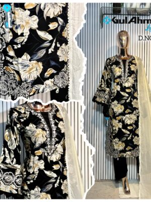 Black Luxury Bursh Print Premium Rayon Long Top Pant Set with Chiffon Dupatta