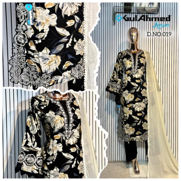 Black Luxury Bursh Print Premium Rayon Long Top Pant Set with Chiffon Dupatta
