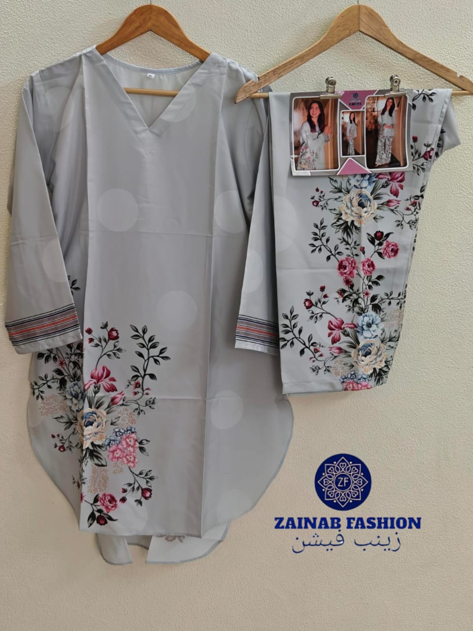Light Grey Zainab Fashion Imported Soft Crepe Printed Co-Ord Set for Women