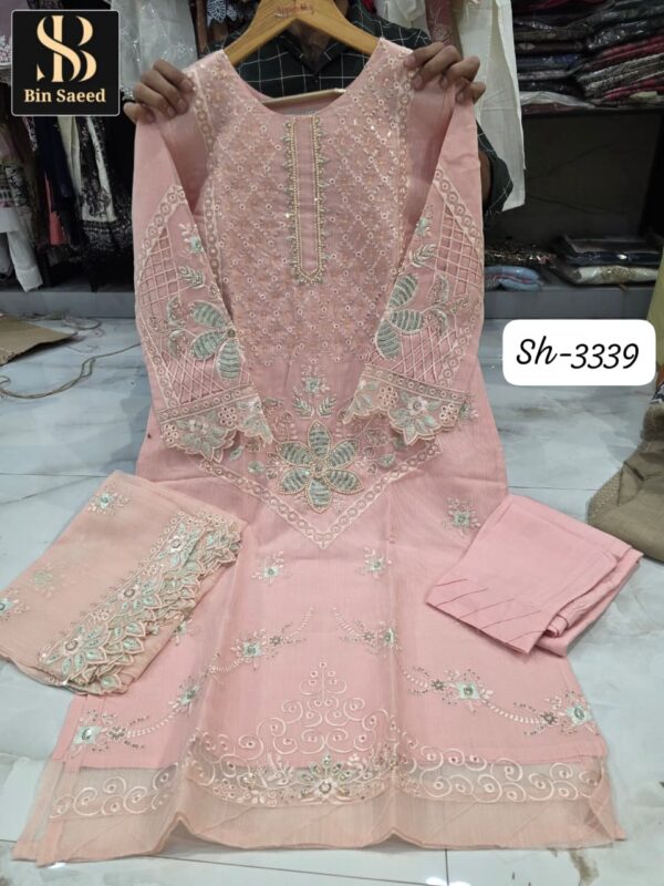 Light Pink Bin Saeed Pure Malbari Cotton Embroidered Readymade Suit with Malbari Dupatta