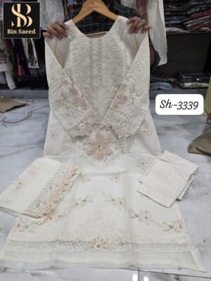 White Bin Saeed Pure Malbari Cotton Embroidered Readymade Suit with Malbari Dupatta