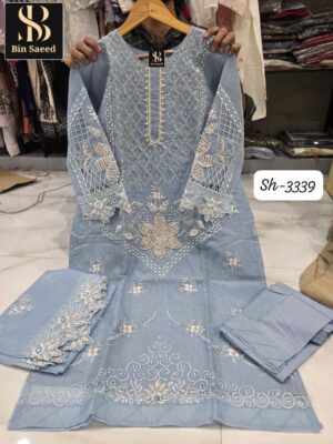 Dusty Blue Bin Saeed Pure Malbari Cotton Embroidered Readymade Suit with Malbari Dupatta