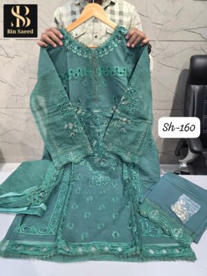 Teal Green Bin Saeed Readymade Designer Suit XXL (44) – Heavy Handwork Embroidery with Fancy Dupatta