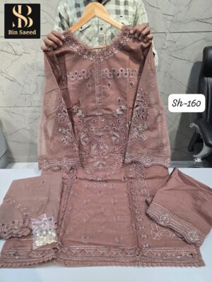 Dusty Pink Bin Saeed Readymade Designer Suit XXL (44) – Heavy Handwork Embroidery with Fancy Dupatta