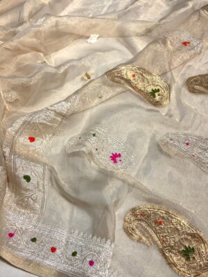 Cream Pure Tissue Georgette Silk Banarasi Saree – Kadwa Buti | Silk Mark Certified