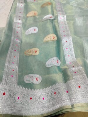 Mint Green Pure Tissue Georgette Silk Banarasi Saree – Kadwa Buti | Silk Mark Certified