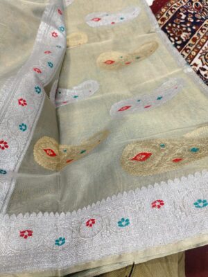 Off White Pure Tissue Georgette Silk Banarasi Saree – Kadwa Buti | Silk Mark Certified