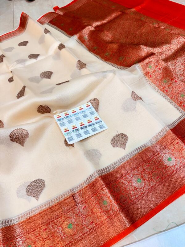 Cream and Orange Exclusive Kora Banarasi Silk Saree with Kalakari Maheen Work | Silkmark Certified