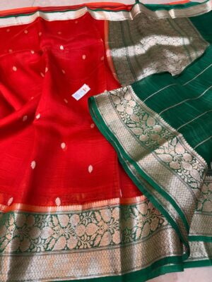 Red with Green Exclusive Kora Banarasi Silk Saree with Kalakari Maheen Work | Silkmark Certified