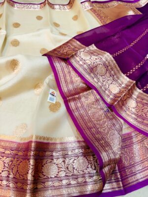 Cream with Purple Exclusive Kora Banarasi Silk Saree with Kalakari Maheen Work | Silkmark Certified
