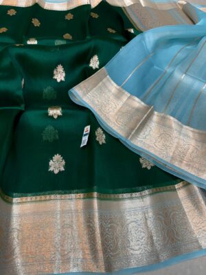 Green with Light Blue Exclusive Kora Banarasi Silk Saree with Kalakari Maheen Work | Silkmark Certified