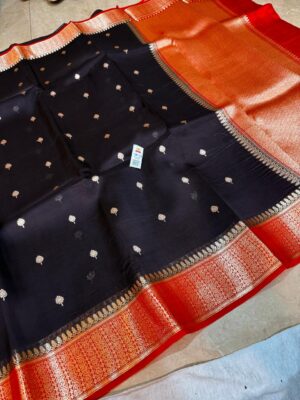 Black with Red Exclusive Kora Banarasi Silk Saree with Kalakari Maheen Work | Silkmark Certified