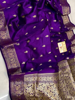 Deep Purple KNG Series Pure Handloom Kanjivaram Banarasi Katan Silk Saree with Rich Pallu