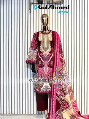 Maroon And Pink Gul Ahmed Satrangi Lawn Cotton Readymade Suit with Printed Dupatta