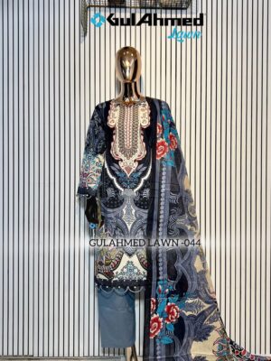 Steel Grey Gul Ahmed Satrangi Lawn Cotton Readymade Suit with Printed Dupatta