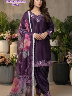 Deep Purple AL-SAKAB Farshi Salwar Suit 1703 – Premium Roman Glass Embroidered Set with Chiffon Dupatta