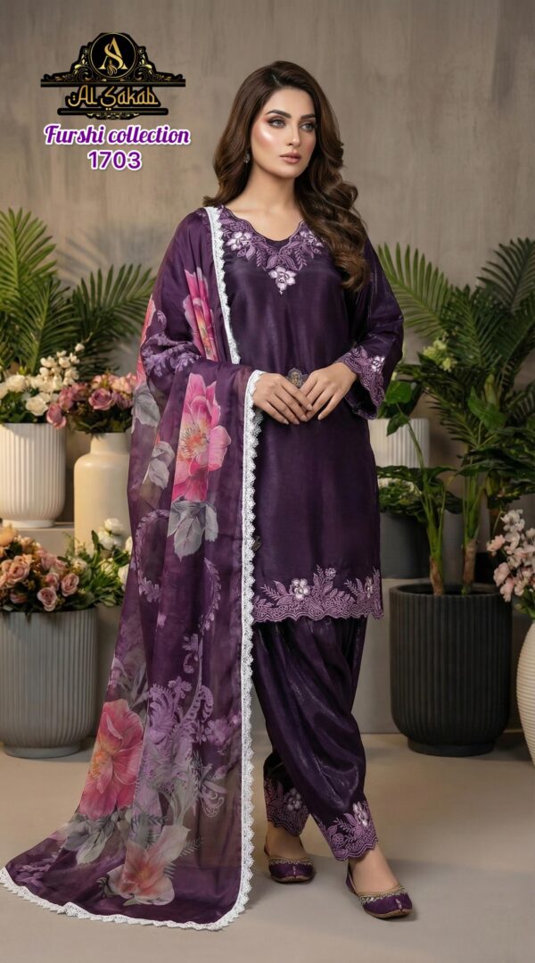 Deep Purple AL-SAKAB Farshi Salwar Suit 1703 – Premium Roman Glass Embroidered Set with Chiffon Dupatta