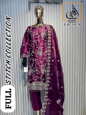 Deep Magenta Al Huda Luxury Fully Stitched Designer Suit with Heavy Embroidery