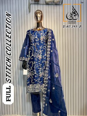 Navy Blue Al Huda Luxury Fully Stitched Designer Suit with Heavy Embroidery