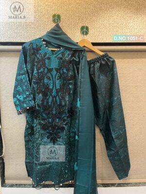 Teal Green Maria.B D.No 1051 Readymade Cotton Suit Set with Printed Pant & Dupatta – XL to XXL