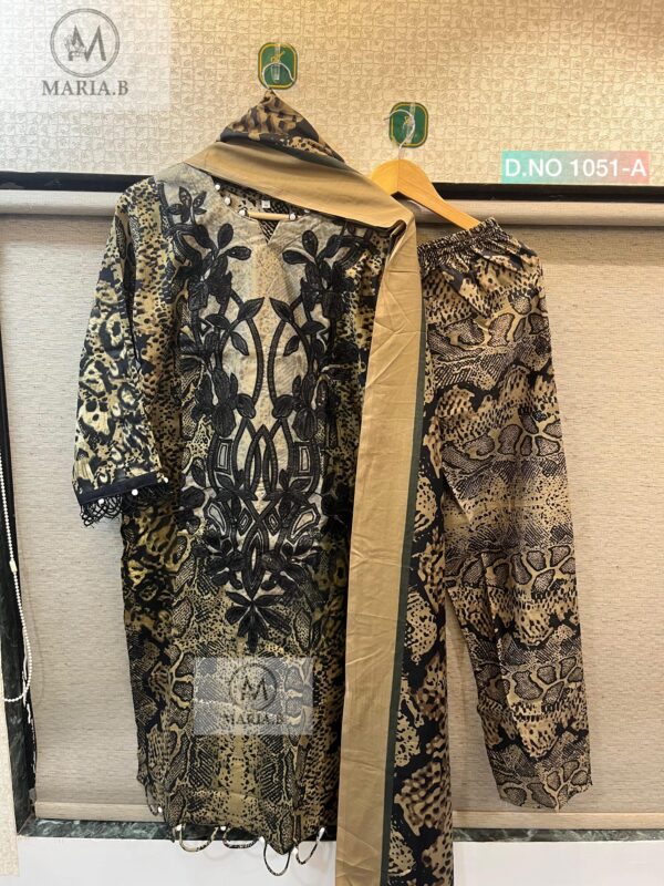 Beige with Black Maria.B D.No 1051 Readymade Cotton Suit Set with Printed Pant & Dupatta – XL to XXL (Copy)