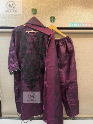 Deep Maroon  Maria.B D.No 1051 Readymade Cotton Suit Set with Printed Pant & Dupatta – XL to XXL