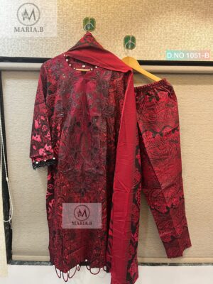 Red with Black Maria.B D.No 1051 Readymade Cotton Suit Set with Printed Pant & Dupatta – XL to XXL