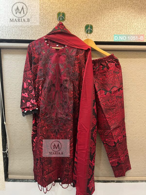 Red with Black Maria.B D.No 1051 Readymade Cotton Suit Set with Printed Pant & Dupatta – XL to XXL