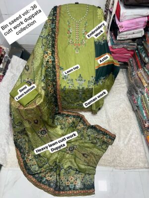 Light Green BIN SAEED Embroidered Lawn Suit – Cotton Printed Shirt with Two Side Cutwork Dupatta
