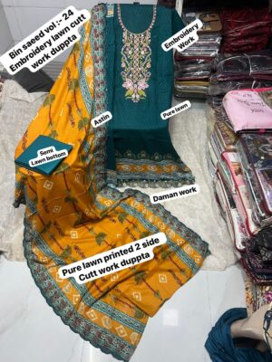 Teal Green BIN SAEED Embroidered Lawn Suit – Cotton Printed Shirt with Two Side Cutwork Dupatta