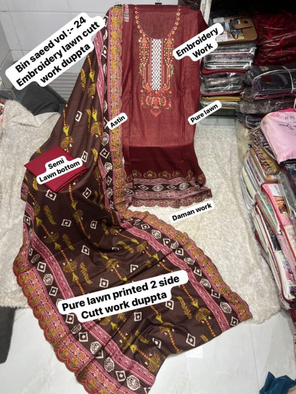 Maroon BIN SAEED Embroidered Lawn Suit – Cotton Printed Shirt with Two Side Cutwork Dupatta
