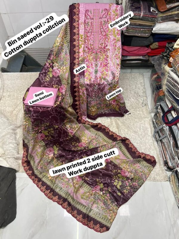 Pink BIN SAEED Embroidered Lawn Suit – Cotton Printed Shirt with Two Side Cutwork Dupatta