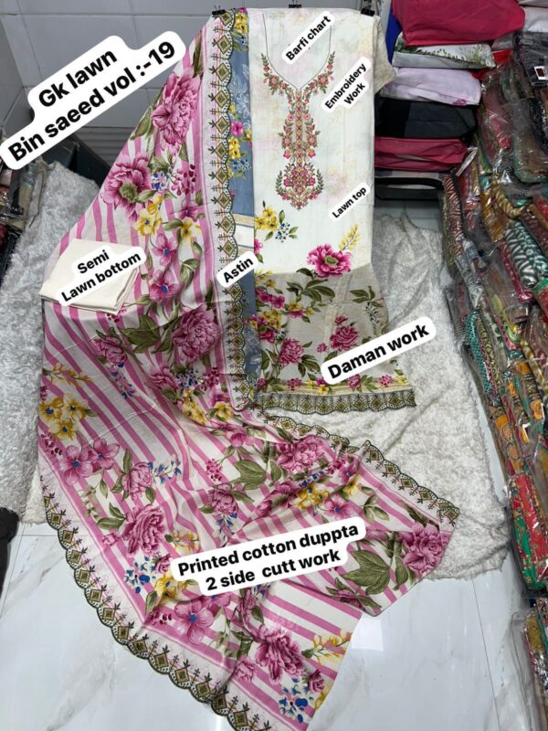 White with Multicolour BIN SAEED Embroidered Lawn Suit – Cotton Printed Shirt with Two Side Cutwork Dupatta