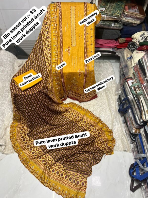 Mustard Yellow BIN SAEED Embroidered Lawn Suit – Cotton Printed Shirt with Two Side Cutwork Dupatta