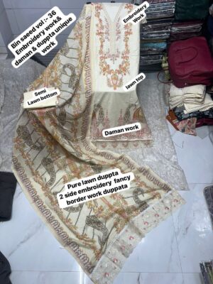 White BIN SAEED Embroidered Lawn Suit – Cotton Printed Shirt with Two Side Cutwork Dupatta