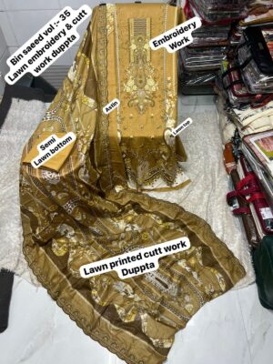 Golden Brown BIN SAEED Embroidered Lawn Suit – Cotton Printed Shirt with Two Side Cutwork Dupatta