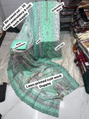 Mint Green BIN SAEED Embroidered Lawn Suit – Cotton Printed Shirt with Two Side Cutwork Dupatta