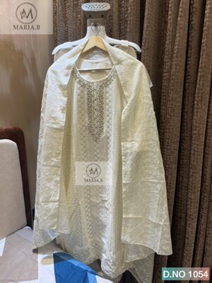 Off -White Maria.B D.No 1054 ReadyMade Cotton Suit with Sifli Work & Embroidered Dupatta – XL & XXL