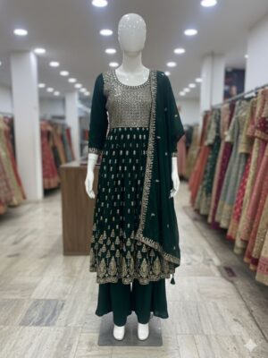 Emerald Green Sale Special Readymade Naira Cut Georgette Suit with Palazzo & Embroidery Dupatta – XL