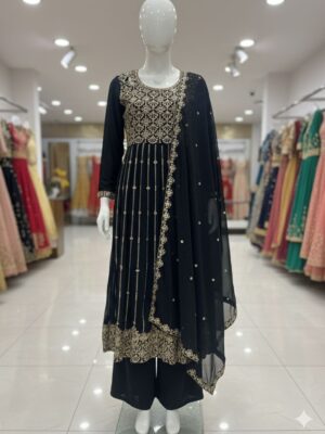 Black with Gold Sale Special Readymade Naira Cut Georgette Suit with Palazzo & Embroidery Dupatta – XL