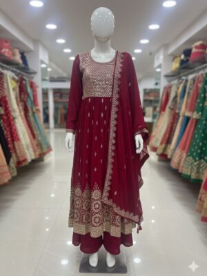 Maroon Sale Special Readymade Naira Cut Georgette Suit with Palazzo & Embroidery Dupatta – XL