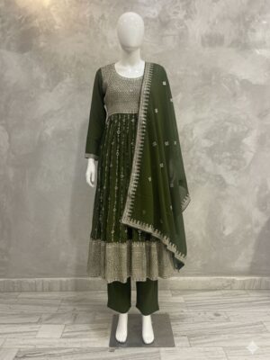 Olive Green Sale Special Readymade Naira Cut Georgette Suit with Palazzo & Embroidery Dupatta – XL