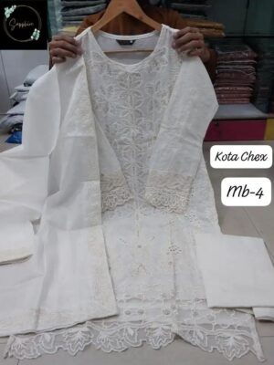 White SAPPHIRE Embroidered Maria-B Vol-4 Ready-Made Lawn Suit with Kota Dupatta – XL Size