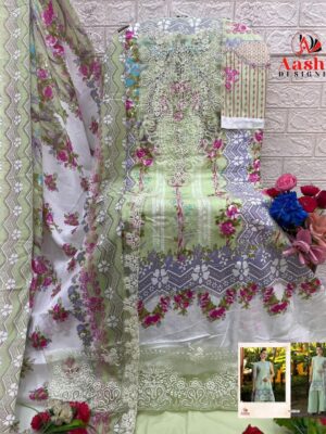 Light Green and Floral Pink Aasha Designer Pure Cotton Printed Suit with Patch Embroidery & Chiffon Dupatta