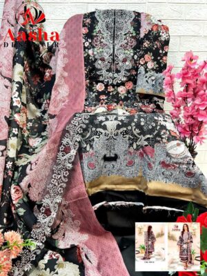 Black and Pink Aasha Designer Pure Cotton Printed Suit with Patch Embroidery & Chiffon Dupatta
