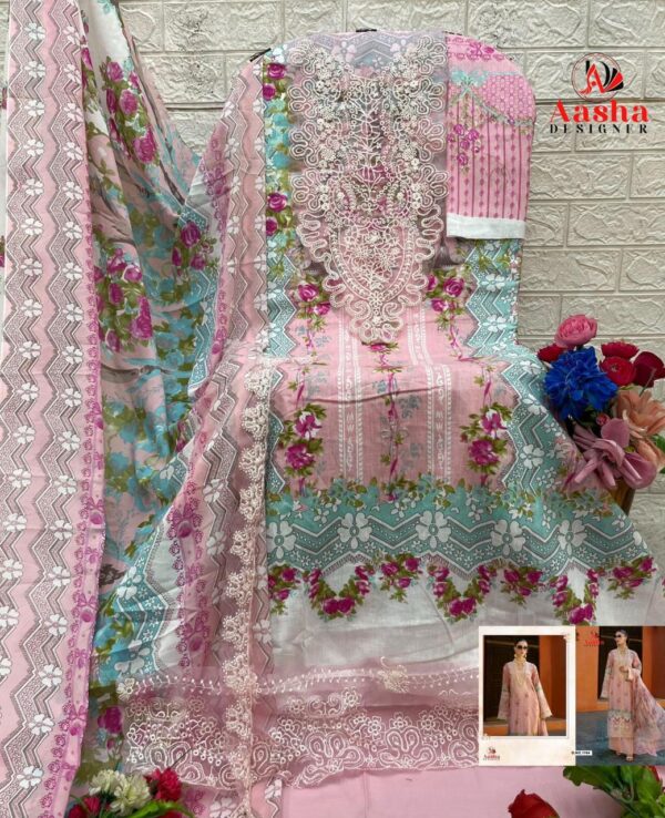 Pink and Green Aasha Designer Pure Cotton Printed Suit with Patch Embroidery & Chiffon Dupatta